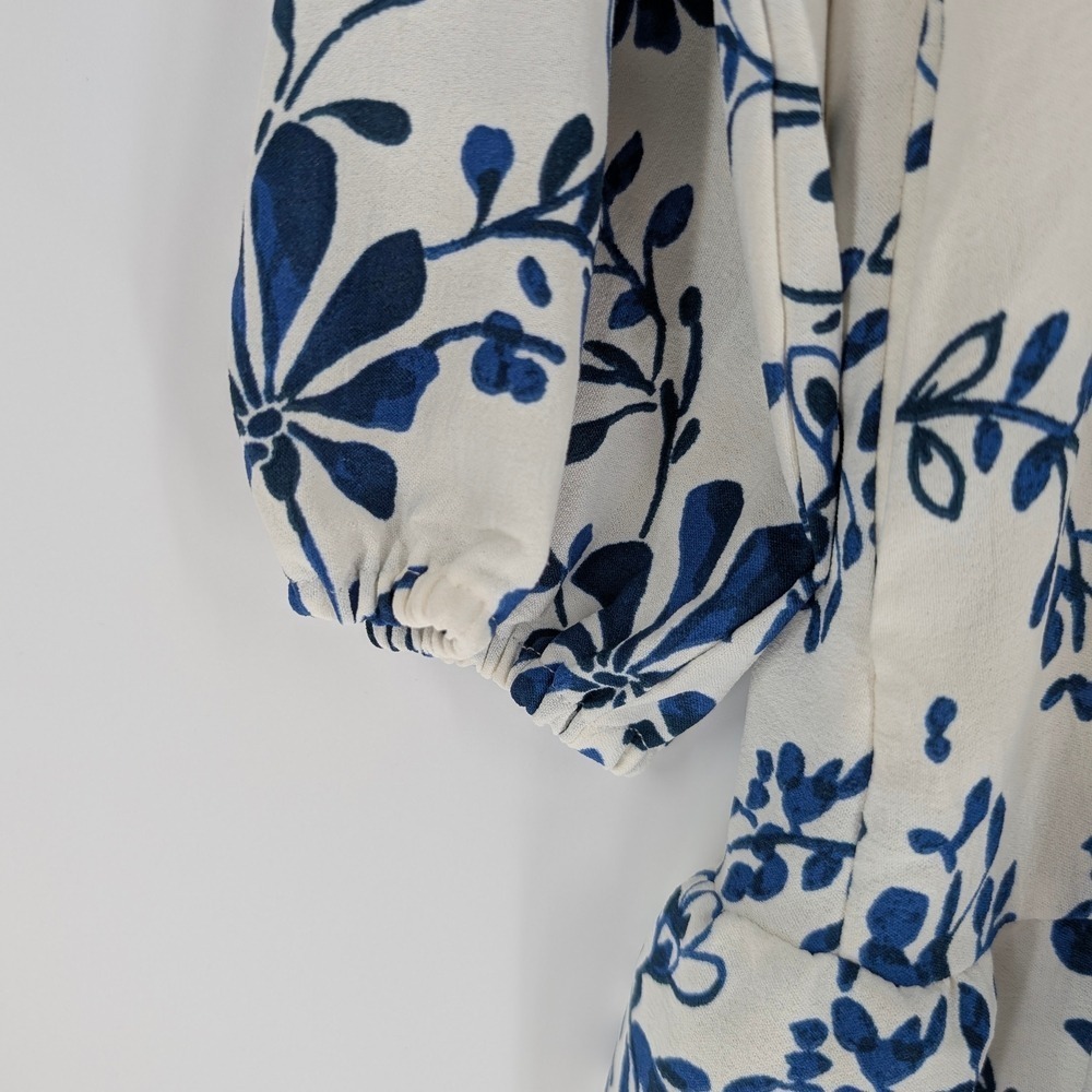 Rachel Zoe Blue White Floral Tie Neck Long Sleeve Tiered Mini Dress Small - Picture 8 of 11
